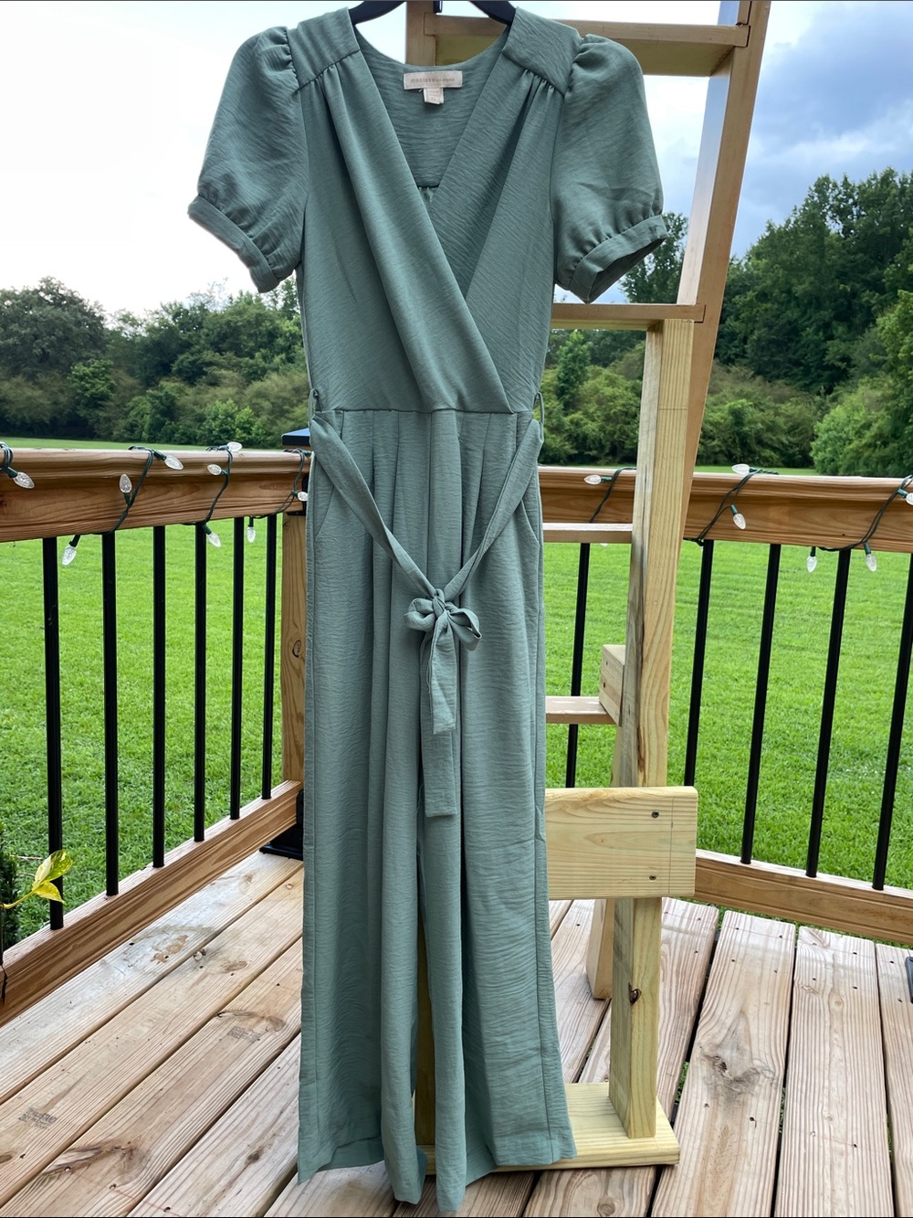Sage Green Wrap-Front Jumpsuit with Tie Waist
